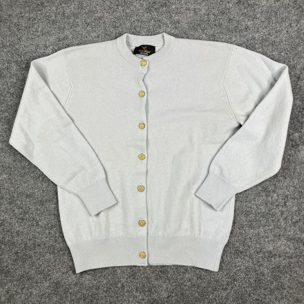 Scots Regal Cardigan Womens‎ L White Lambswool Scotland Gold Button Vintage